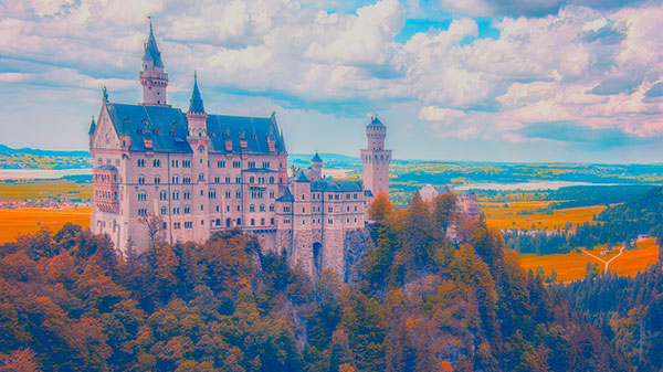 A castle, as if in a fairy tale setting.