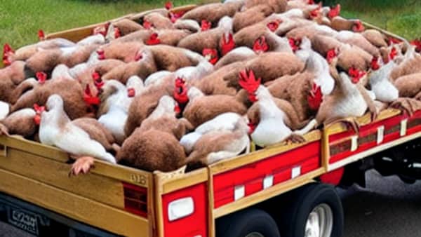 The flatbed of a truck, filled with chickens. Many, many chickens.