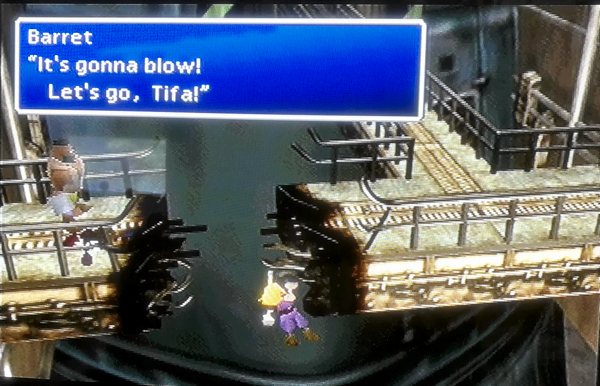 FF7: AirBuster blows up, Cloud falls down. Barret... just leaves me to my fate. Who's the cruel heartless one now?