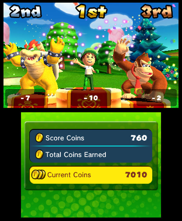 Coins, because it's a Mario game. For purely family historical reasons, I have this strange urge to go out and buy some scratch lottery tickets with them.